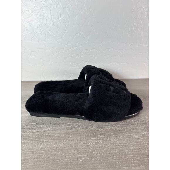 Tory Burch Black/Gold Double T Shearling Slide Slippers 8 M Leather Logo NIB - Picture 3 of 7